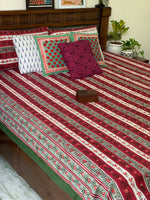 Deep Red strip cotton block printed double bedsheet