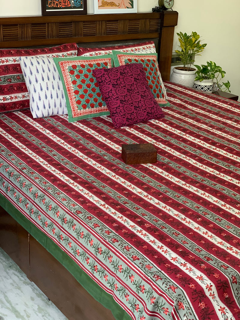 Deep Red strip cotton block printed double bedsheet