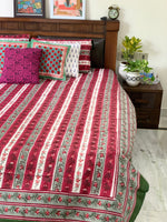 Deep Red strip cotton block printed double bedsheet