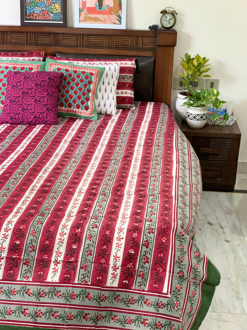 Deep Red strip cotton block printed double bedsheet