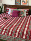 Deep Red strip cotton block printed double bedsheet
