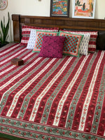 Deep Red strip cotton block printed double bedsheet
