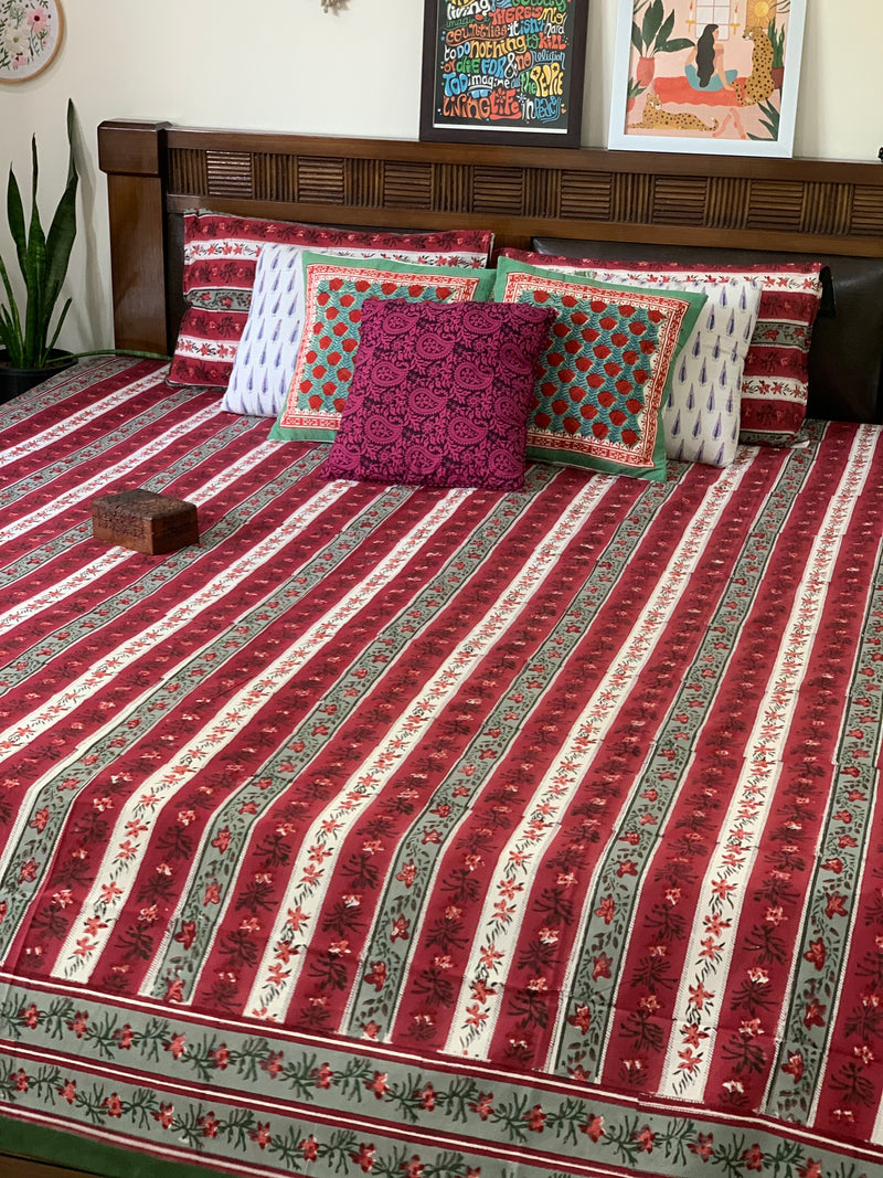 Deep Red strip cotton block printed double bedsheet