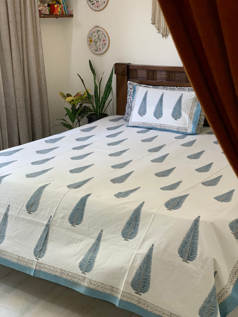 White Blue cotton block printed double bedsheet