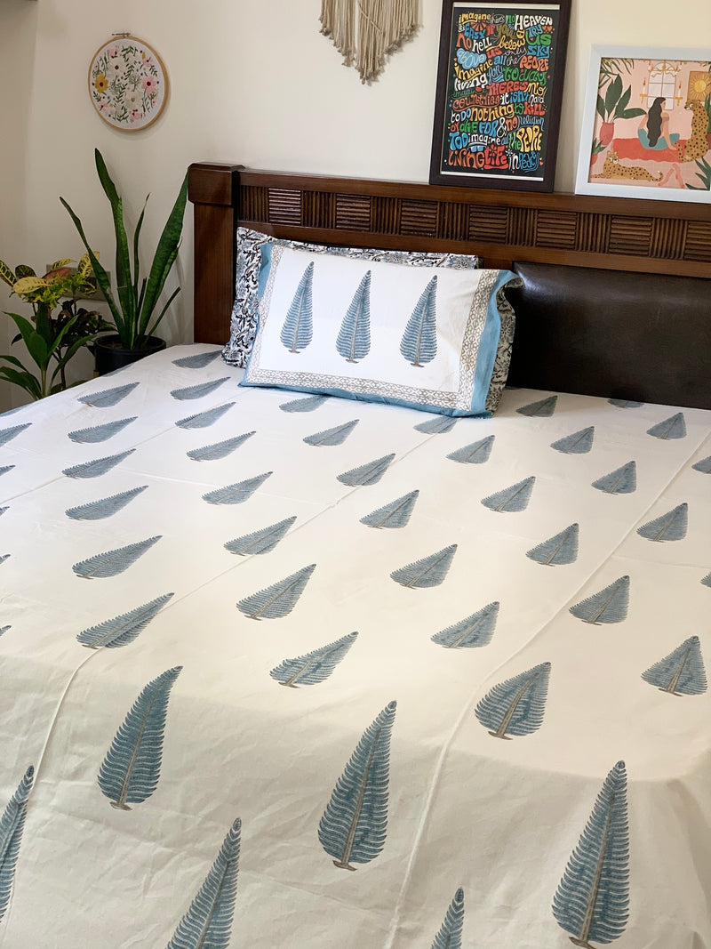 White Blue cotton block printed double bedsheet