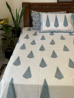 White Blue cotton block printed double bedsheet