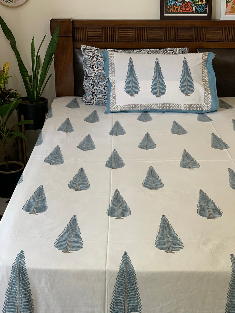 White Blue cotton block printed double bedsheet