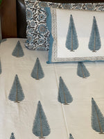 White Blue cotton block printed double bedsheet
