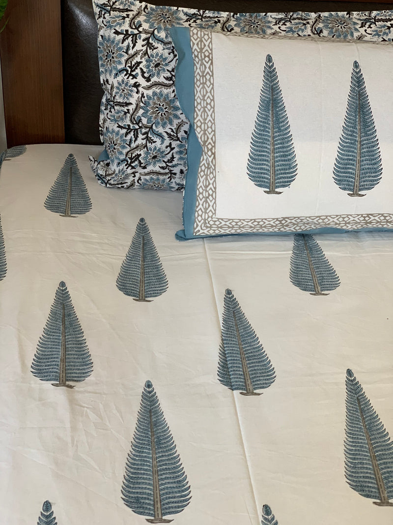 White Blue cotton block printed double bedsheet