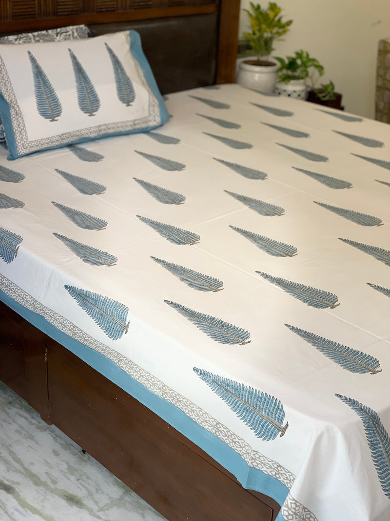 White Blue cotton block printed double bedsheet