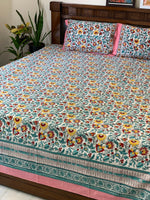 White floral block printed double bedsheet