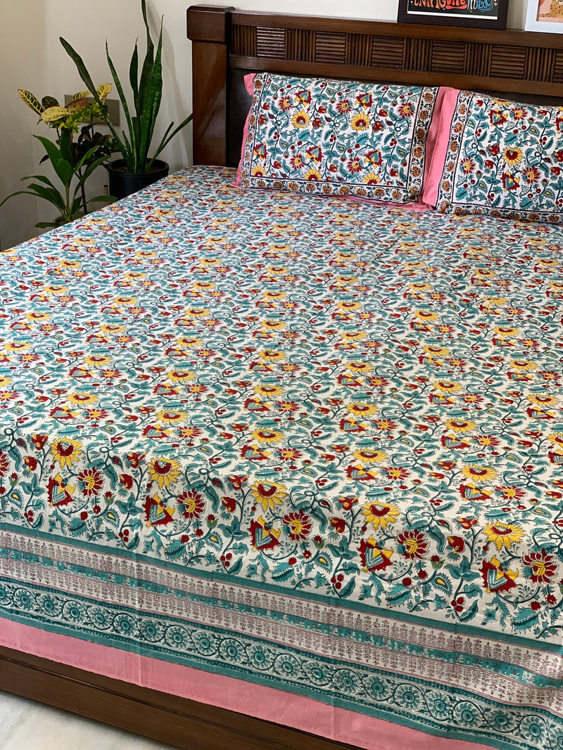 White floral block printed double bedsheet