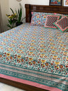 White floral block printed double bedsheet