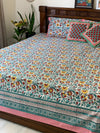 White floral block printed double bedsheet