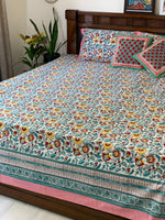 White floral block printed double bedsheet