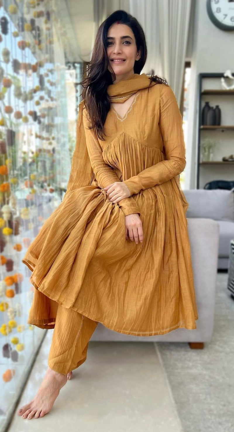 Mustard anarkali with Embroidered dupatta set of 3