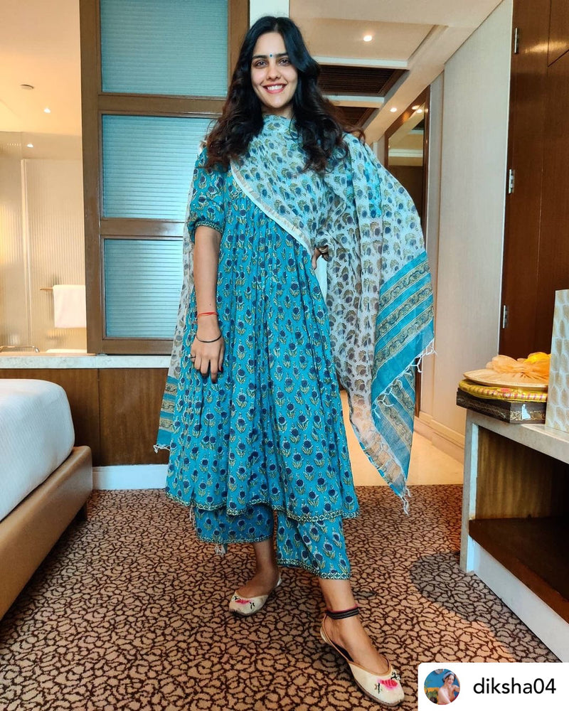 Blue Anarkali with Off white Kota dupatta Set of 3