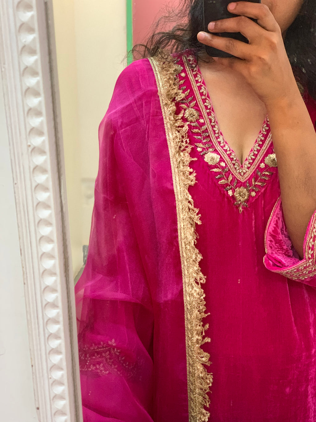 Pink Velvet Kurta Set of 3