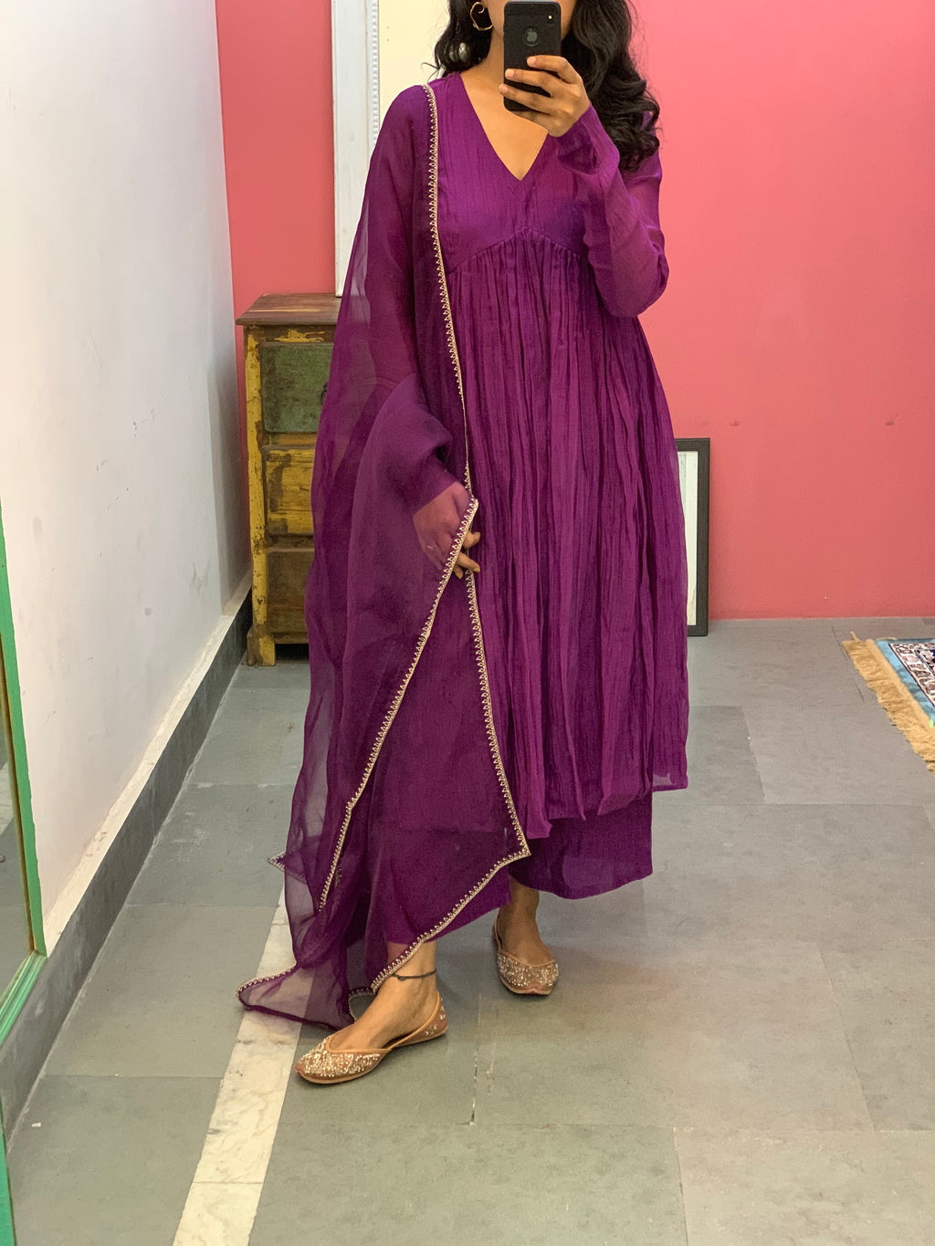 Purple pink anarkali with embroidered dupatta set of 3