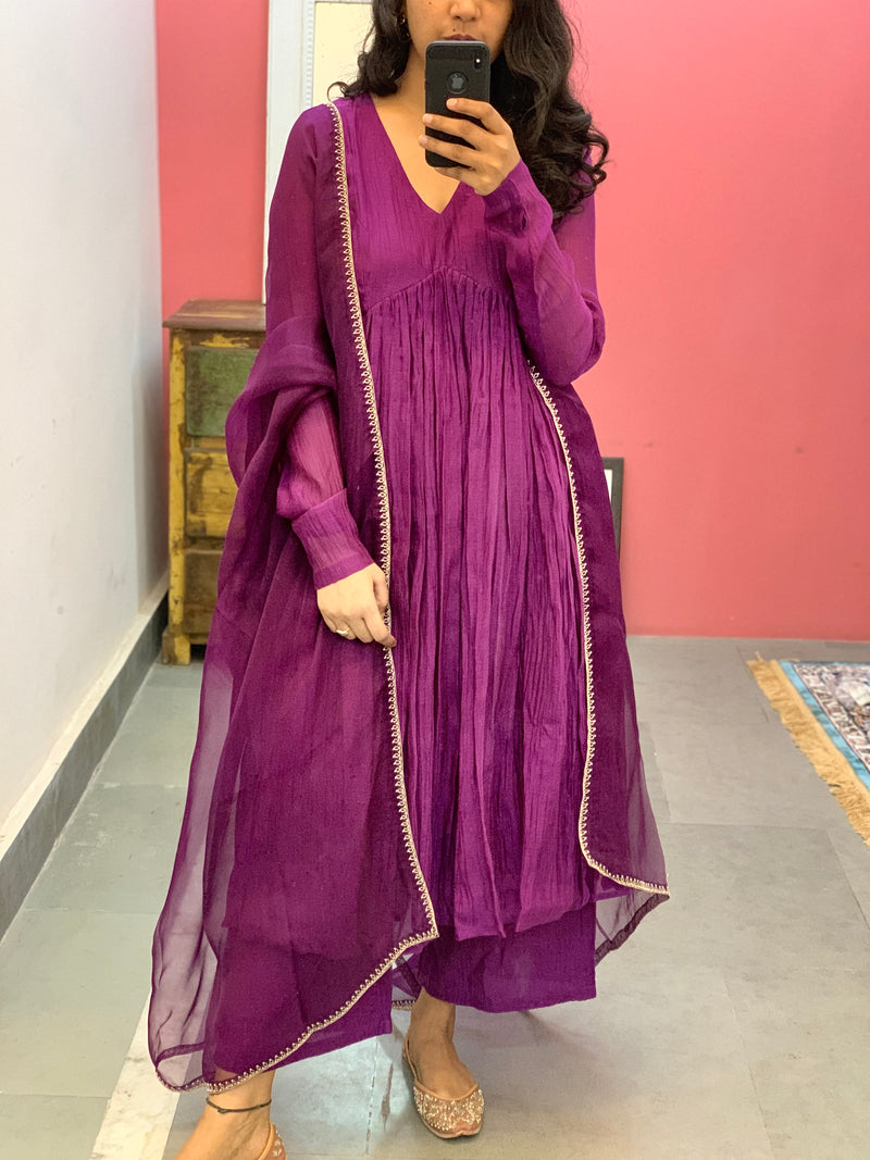 Purple pink anarkali with embroidered dupatta set of 3