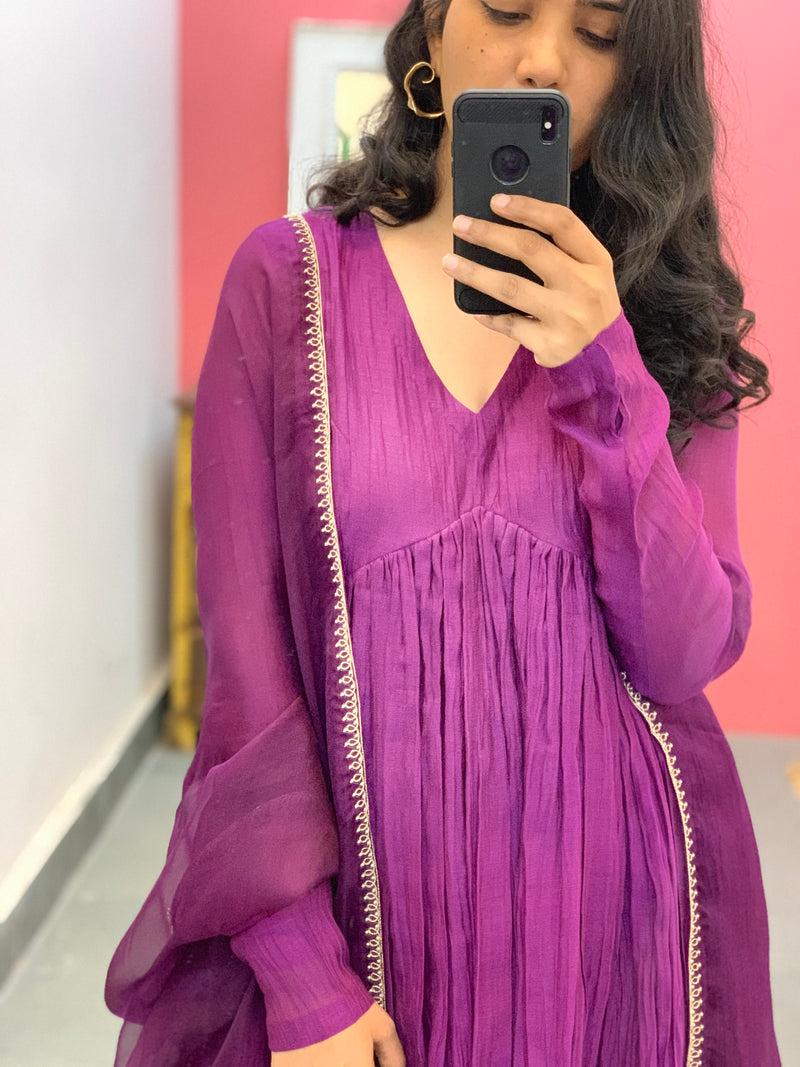 Purple pink anarkali with embroidered dupatta set of 3