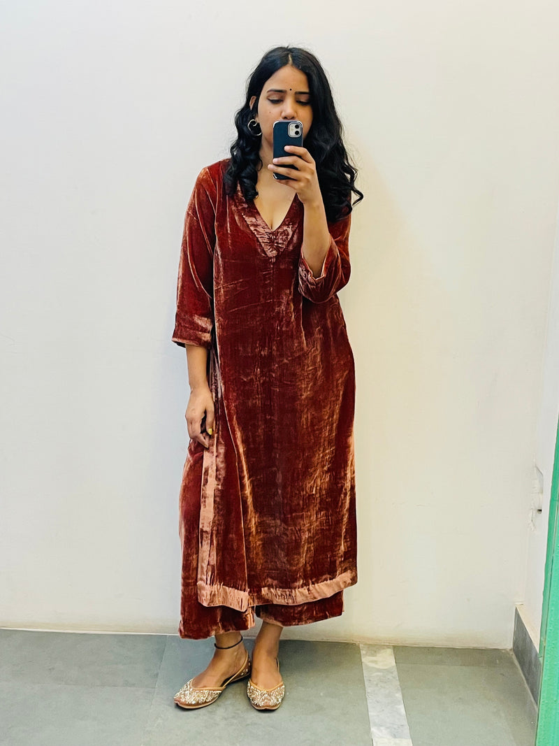 Rust Velvet Kurta Set of 2