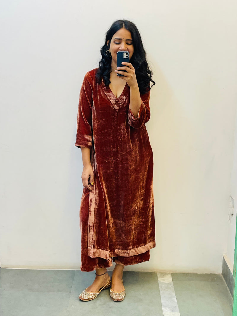 Rust Velvet Kurta Set of 2
