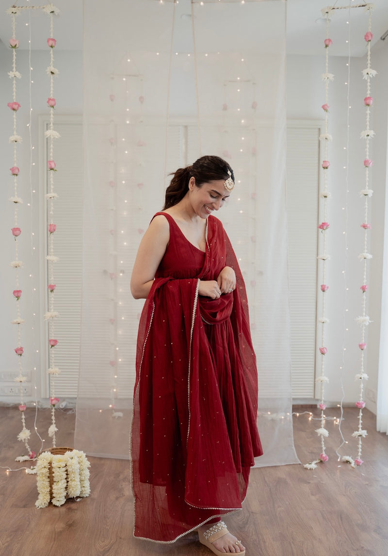 Red chanderi anarkali  Set of 3