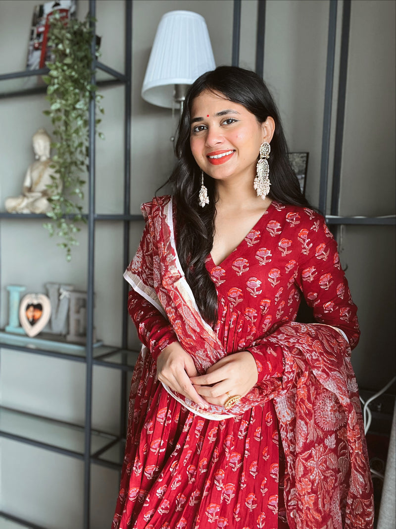 Deep Red Anarkali With Full Sleeves Set of 3