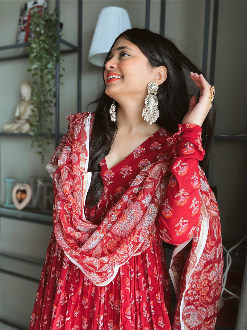 Deep Red Anarkali With Full Sleeves Set of 3
