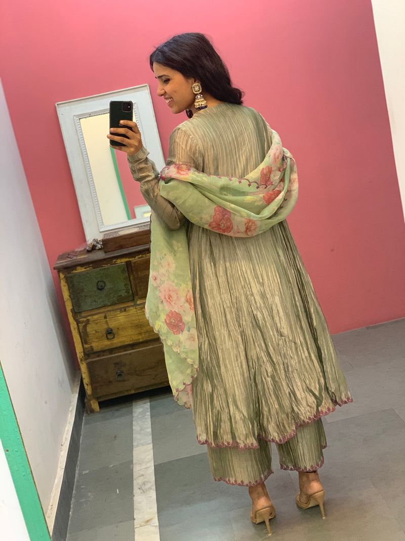 Sage Green Tissue silk kurta set of 3