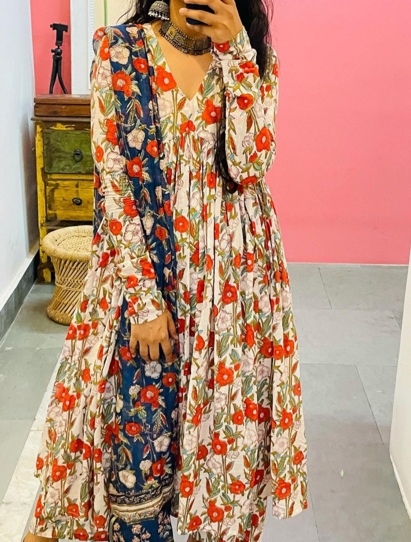 Off White Anarkali With Full Sleeves Set of 3