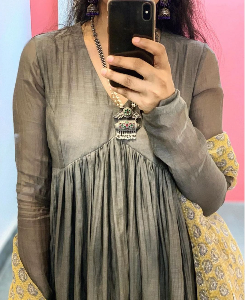 Grey chanderi anarkali with churi sleeves Set of 3