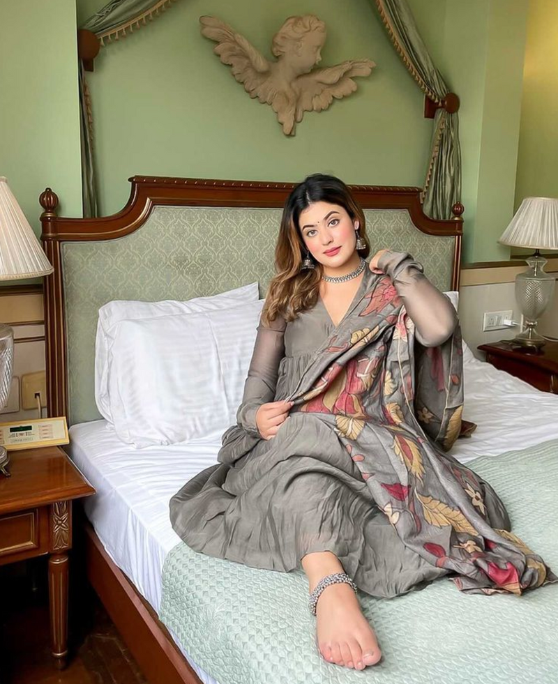Grey chanderi anarkali with churi sleeves Set of 3