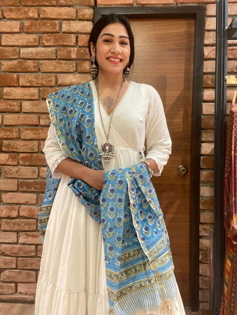 White Linen angrakha with pants and chanderi dupatta set of 3