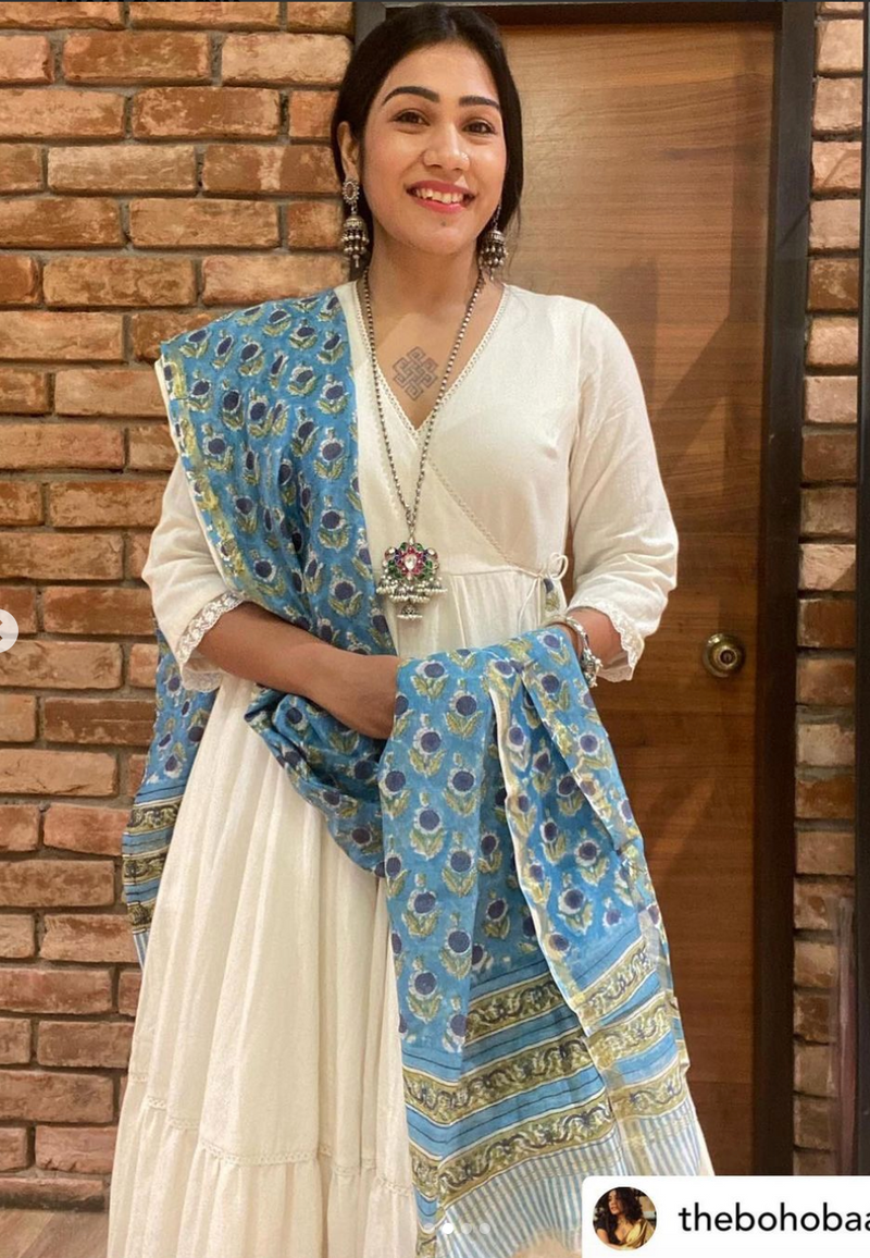 White Linen angrakha with pants and chanderi dupatta set of 3