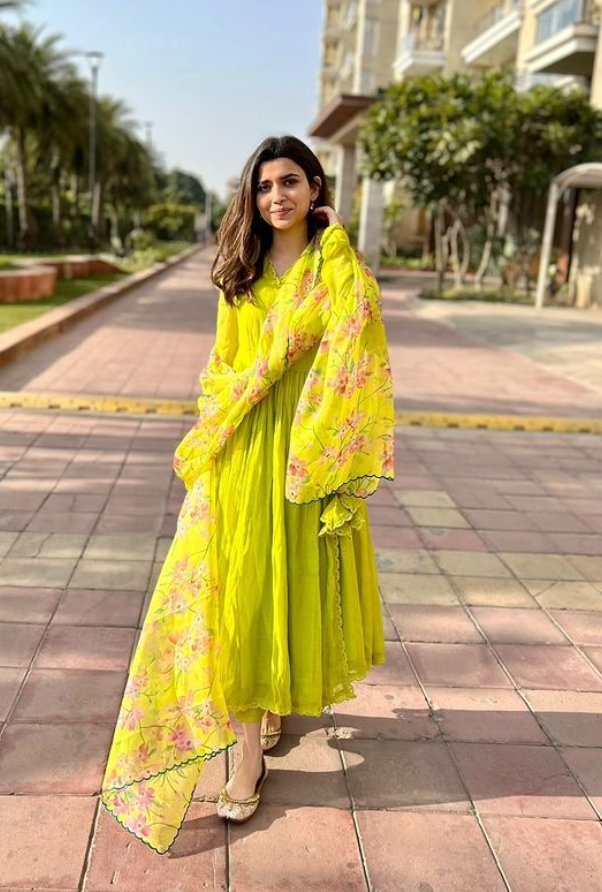 Lime green chanderi angrakha with churi sleeves Set of 3