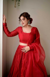 Red chanderi lehenga set of 3