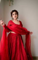 Red chanderi lehenga set of 3