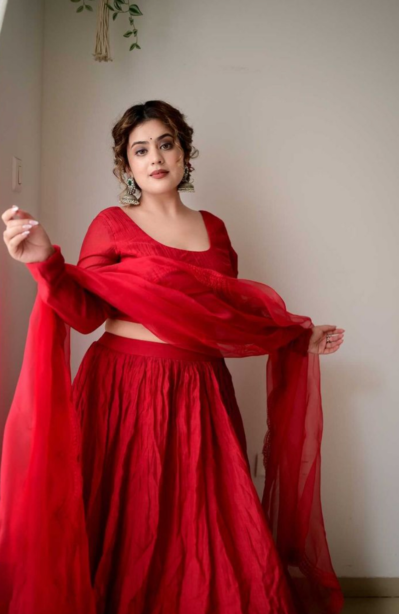 Red chanderi lehenga set of 3