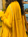 Yellow chanderi anarkali with churi sleeves Set of 3