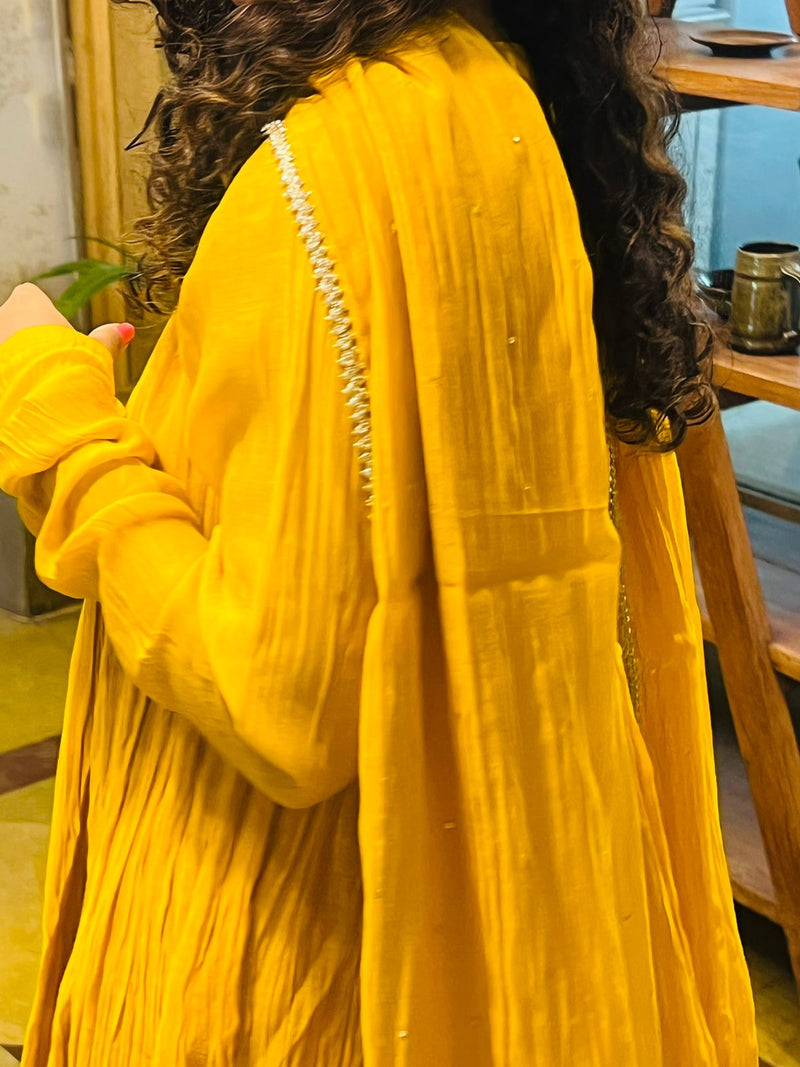 Yellow chanderi anarkali with churi sleeves Set of 3