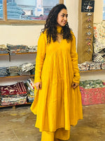 Yellow chanderi anarkali with churi sleeves Set of 3