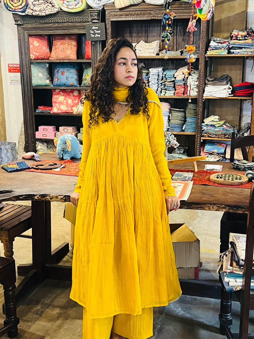 Yellow chanderi anarkali with churi sleeves Set of 3