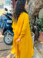 Yellow chanderi anarkali with churi sleeves Set of 3