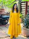 Yellow chanderi anarkali with churi sleeves Set of 3
