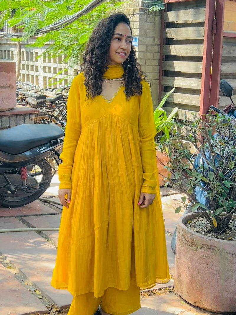 Yellow chanderi anarkali with churi sleeves Set of 3