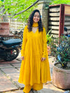 Yellow chanderi anarkali with churi sleeves Set of 3