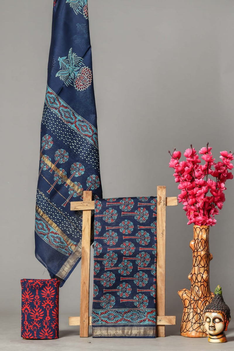 Blue Maheshwari silk suit set of 3