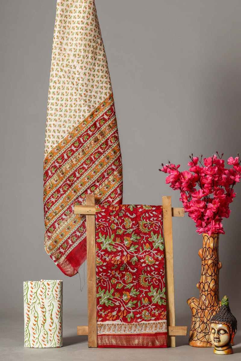 Deep Red Maheshwari silk suit set of 3